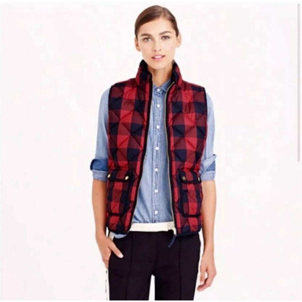 J. CREW Excursion Buffalo Quilted Down Puffer Vest Women S Red Black Check Plaid